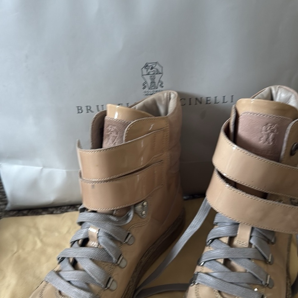 Brunello Cucinelli Beige Patent Leather High-Top Sneakers with Gray Laces
